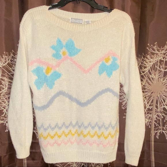 Vintage Sweaters - VINTAGE Retro M Angora Floral Sweater Charlotte VanHorne 70s 80s
